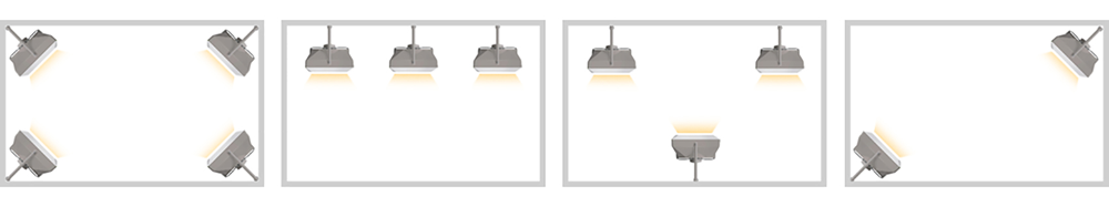 Расположение тепловентиляторов при групповом монтаже на стене (вид сверху) Расположение тепловентиляторов при групповом монтаже на стене (вид сверху)